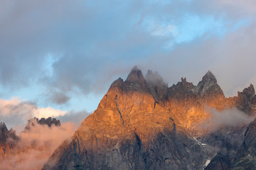 French Alps near the Aiguille du Midi view from Chamonix Mont-Blanc in sunset lights, France