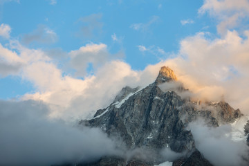 Aiguille du Midi evening view from Chamonix Mont-Blanc in the French Alps, France