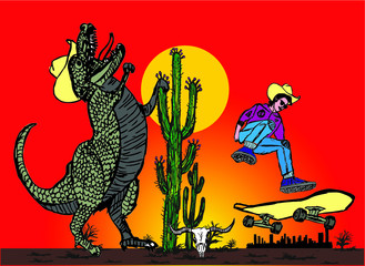 Skateboarding dinosaur trex embroidery graphic design vector art © a1vector