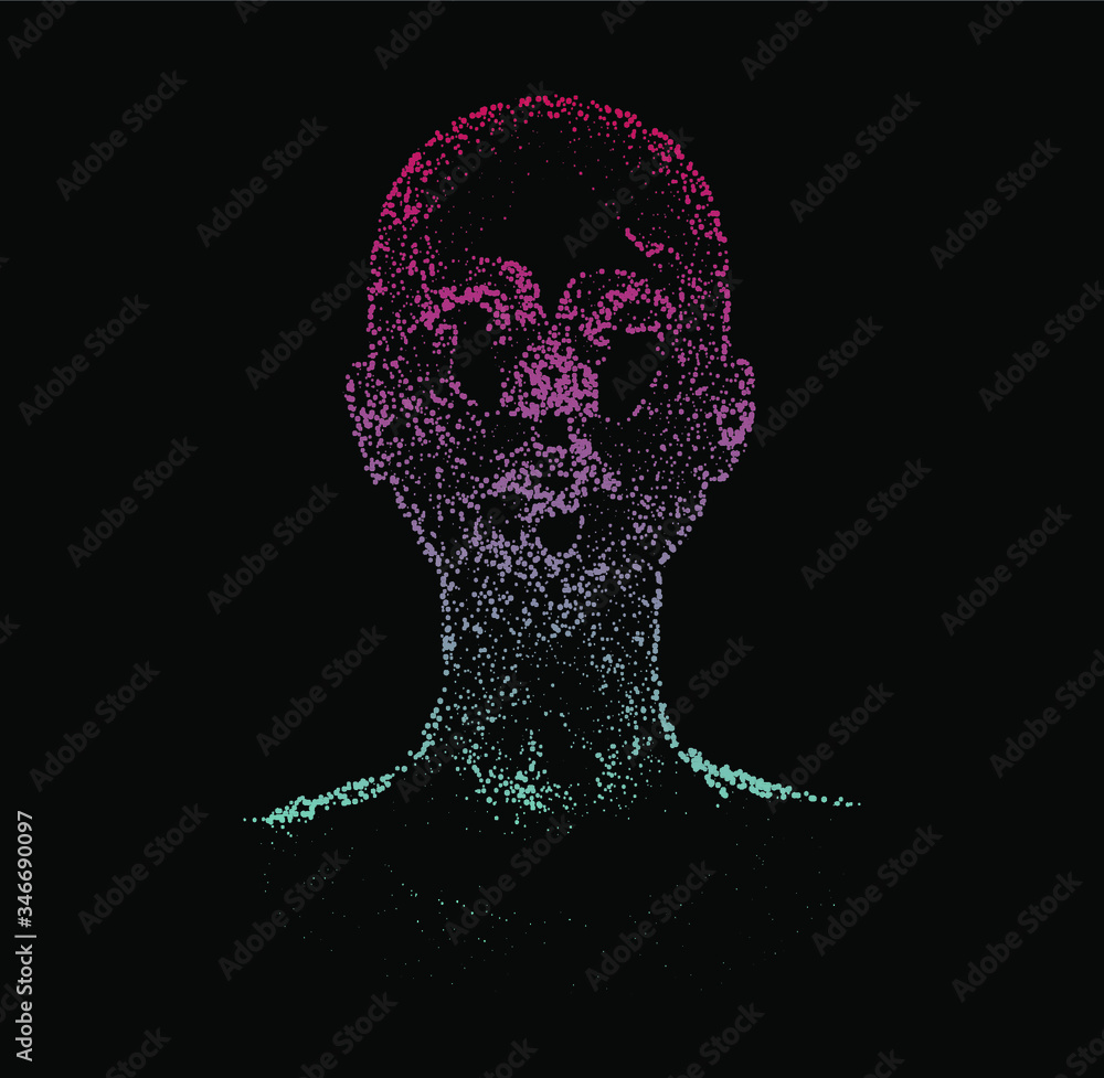 Aufkleber Human head made of partices on dark background. Face made with generative computer art algorithm. Concept of artificial intelligence, Machine learning and neural networks.