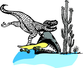 skateboarding dinosaur trex embroidery graphic design vector art in the desert © a1vector