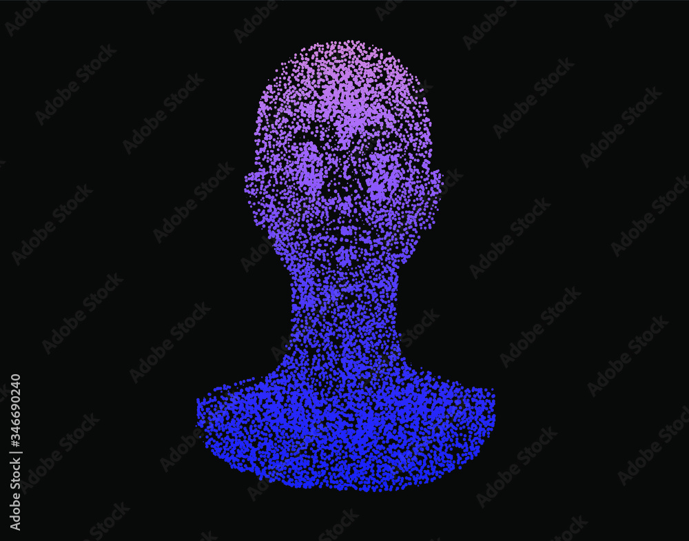 Aufkleber Human head made of partices on dark background. Face made with generative computer art algorithm. Concept of artificial intelligence, Machine learning and neural networks.
