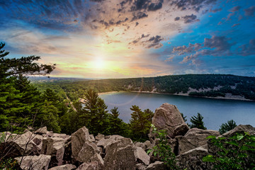Sunset view from the hiking trail in Devil's Lake State Park, Baraboo, Wisconsin USA.