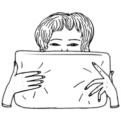 A linear woman holds a pillow at her mouth. Girl playing pillow fights in doodle style. Stock vector illustration on a white background.