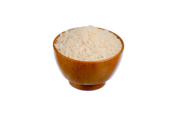 Rice in a wooden bowl isolated on white background. Top view. Flat lay