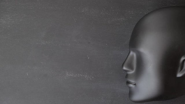 Humanlike robot android head with three empty speech bubbles. Stop motion animation template. Futuristic cyborg talking about something. Artificial intelligence concept.