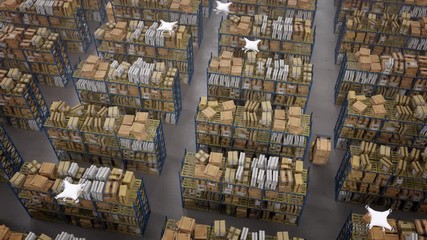 Drones managing, sorting and delivering warehouse packages inside full storage space. Various machines moving cardboard boxes with supplies and other merchandise for shipping in factory depot.   