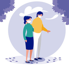 Woman and man couple with masks outside vector design