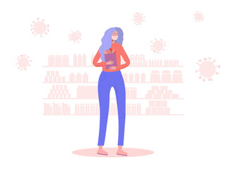 Young woman shopping in grocery with safety covid-19 mask. Blue and coral character flat illustration