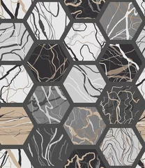 Deurstickers Marmeren hexagons naadloze textuur van steen. Zeshoekpatroon met marmeren steentextuur