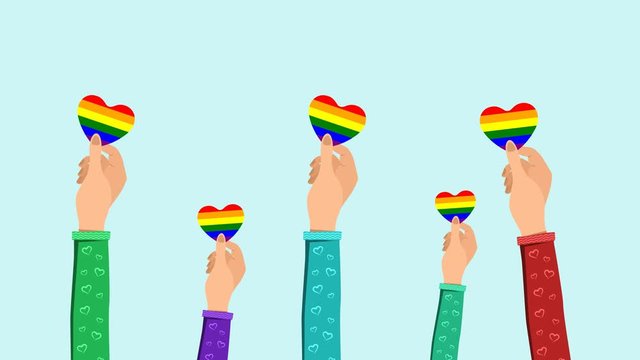 SEAMLESS human waving hand with holding LGBT gay pride flag heart, Celebrating gender love with waving hand.