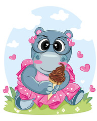 PrintHippo holding the ice cream wear pink clothes and glasses cartoon illustration for summer holidays