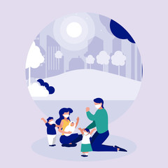 Family with masks at park in front of city vector design