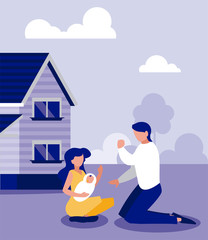 Family with masks outside house vector design