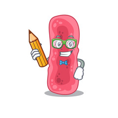 A brainy student shigella sonnei cartoon character with pencil and glasses