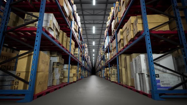 Warehouse storage space full of merchandise and supplies. Storage depot overfilled with products waiting on metal racks. Front view with loop able seamless animation.