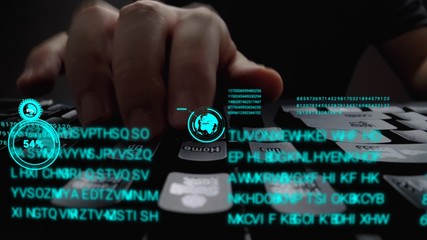 Man working on laptop computer keyboard with graphic user interface GUI hologram showing concepts...