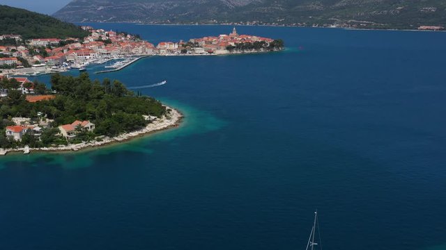 Aerial revealing Shot of a beautiful old Mediterranean City of Korcula in Croatia