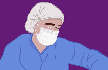 Vector illustration of doctor in medical masks protect and treat people from covid-19 coronavirus infection.