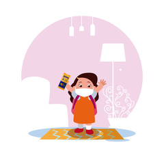 Girl kid cartoon with mask and school bag at home vector design