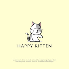 Cute white cat logo design with cartoon style, happy kitten logo design vector