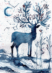 Hand drawn watercolor blue deer illustration 