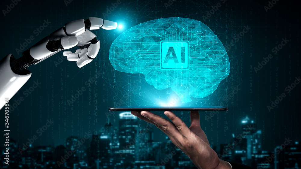 Poster 3d rendering artificial intelligence ai research of robot and cyborg development for future of peopl