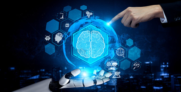 3D rendering artificial intelligence AI research of robot and cyborg development for future of people living. Digital data mining and machine learning technology design for computer brain.