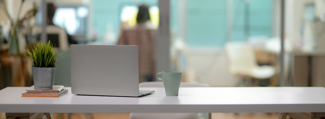 Close up view of comfortable office desk with laptop, mug, tree pot, office supplies and copy space