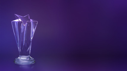 3D Rendering of a Star Shape Glass Trophy on Purple Black Background