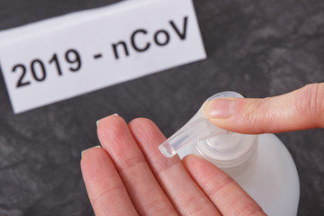 Disinfectant liquid with alcohol or soap for disinfection hands. Stop spreading outbreak...