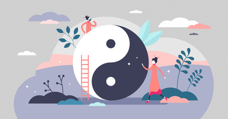 Yin and yang vector illustration. Balance symbol flat tiny persons concept.