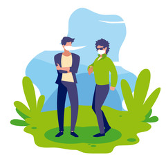 Men avatars with masks outside vector design