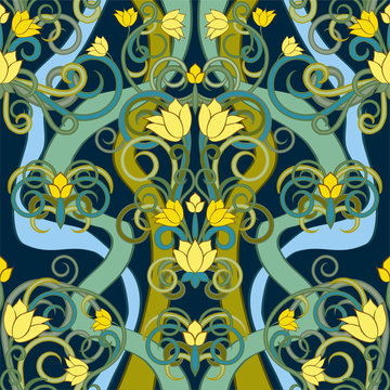 Floral seamless pattern in art nouveau style, vector illustration