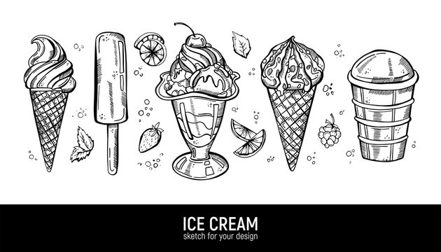 Set of hand drawing realistic ice cream. Sweet deserts collection.