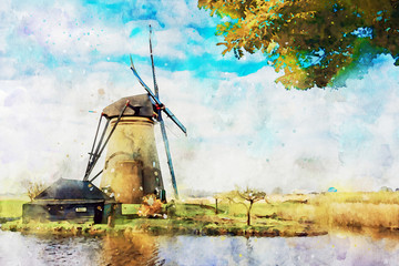 Watercolor of the Unesco heritage windmill at the middle of the canal in qutu;n, Alblasserdam, Netherlands