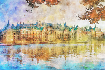 Fototapeta na wymiar Sunset on the Binnenhof building and The Hague city reflected on the pond with a swan swimming on, Netherlands