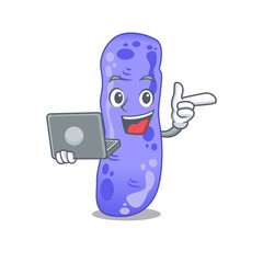 Cartoon character of legionella clever student studying with a laptop