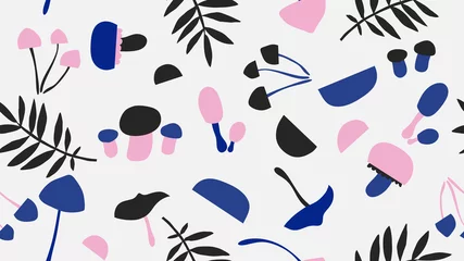 Rolgordijnen Doodle seamless pattern, various hand drawn plants and mushrooms in pink and blue on light grey © momosama
