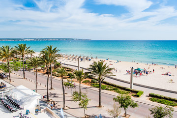 Beach and sea landscape in El Arenal, Majorca - obrazy, fototapety, plakaty