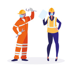 Industrial workers couple working with face mask