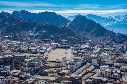 Leh City from Mountain top with himalayan mountain at back
