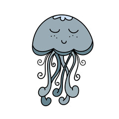 color vector element, black and white drawing of a marine inhabitant, cute sea jellyfish