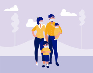 Family with masks at park vector design