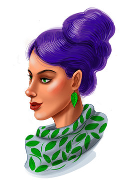 Pretty Woman With Purple Hair. Digital Illustration