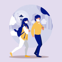 Woman and man with mask at park vector design