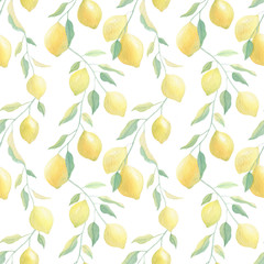 Watercolor seamless pattern with yellow lemons and leaves on white background. Mediterranean pattern. Watercolor hand drawn.  For textile, covers, fabric, napkins, tablecloths. Summer, spring season