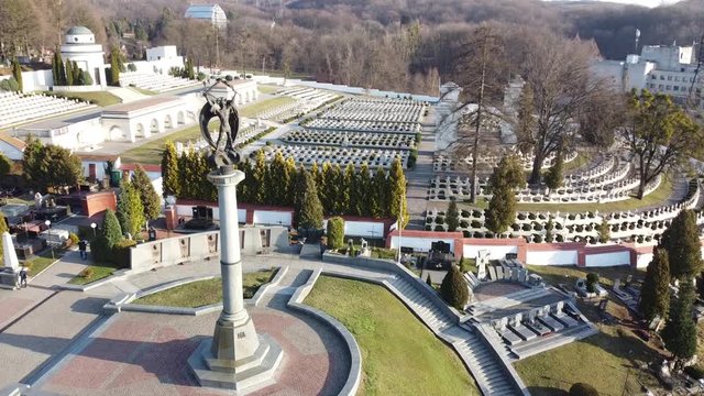 Aerial View of Lychakiv Cemetery | Lviv Cemetary in Ukraine | Famous Creepy and Old design and sculpture of Tombs and Mausoleum. 