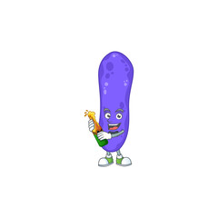 Mascot cartoon design of escherichia coli making toast with a bottle of beer