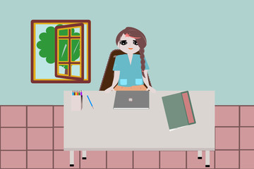 A woman sitting and working at home using a computer on her desk In the office of the house, the concept of self-containment is to prevent the Corona virus or Covid-19